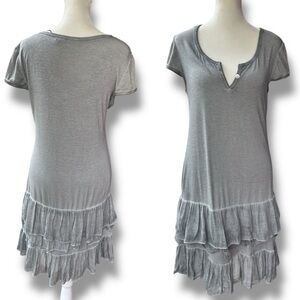 New Seduzione Gray Drop-Waist Tiered Ruffle Lace Hem Short Cap-Sleeve Mini Dress